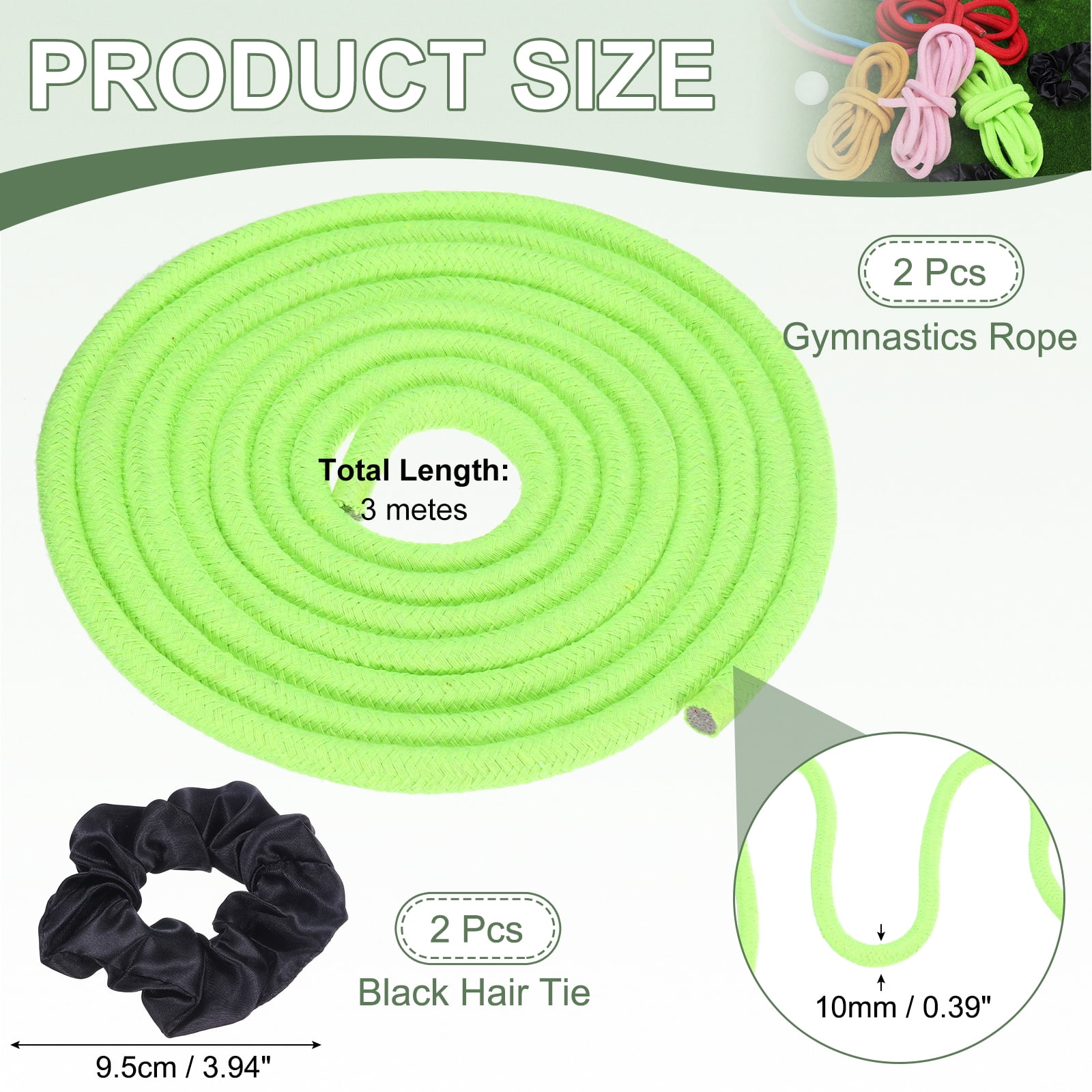 Gymnastics Rope, Exercise Fitness Aerobic Gymnastic Skipping, Rhythmic Gymnastics Arts Rope with Hair Tie 3 Meters& 2Pcs & Green - Fit for (Fitness/Outdoor Activities/Yoga)