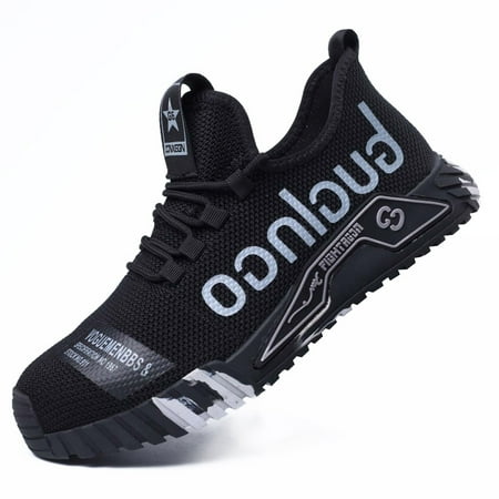 

Men‘s Knit Lette Print Breathable Anti-skid Steel Toe Work Shoes Wear-resistant Puncture Proof Lace Up Work Safety Shoes