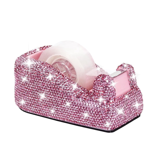 Multibey Bling Crystal Tape Dispenser, Sparkly Desktop Adhesive Tape Dispenser Cutter with Tape for Desk, Pink Glitter Tape Holder Cutter Rhinestone for Women Office Gift
