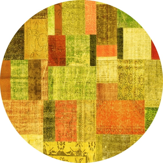 Ahgly Company Indoor Round Patchwork Yellow Transitional Area Rugs, 7' Round