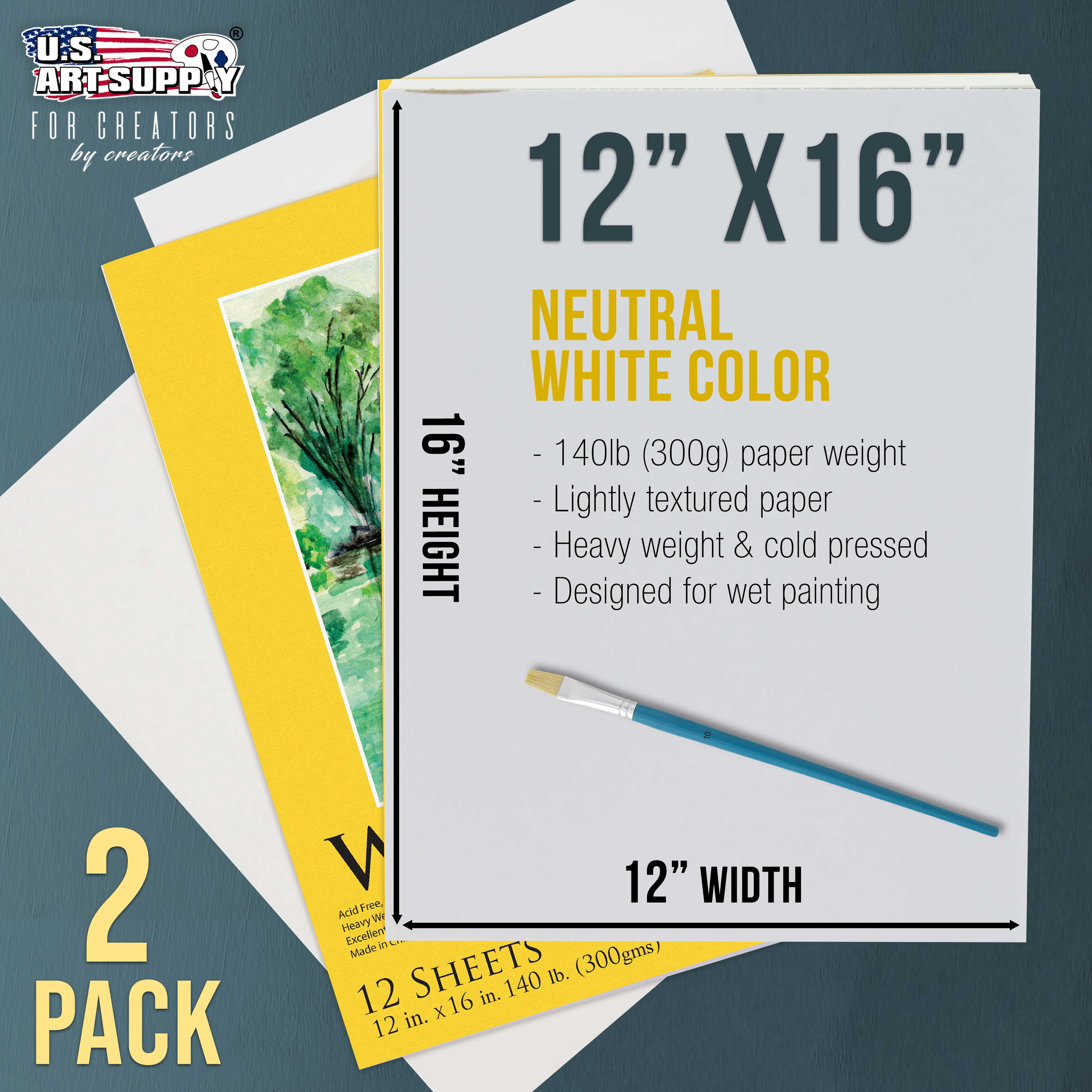 U.S. Art Supply 12" x 16" Premium Heavyweight Watercolor Painting Paper Pad, Pack of 2, 12 Sheets Each, 140 Pound (300gsm) - Cold Pressed, Acid-Free, Wet, Dry & Mixed Media - Artists, Students