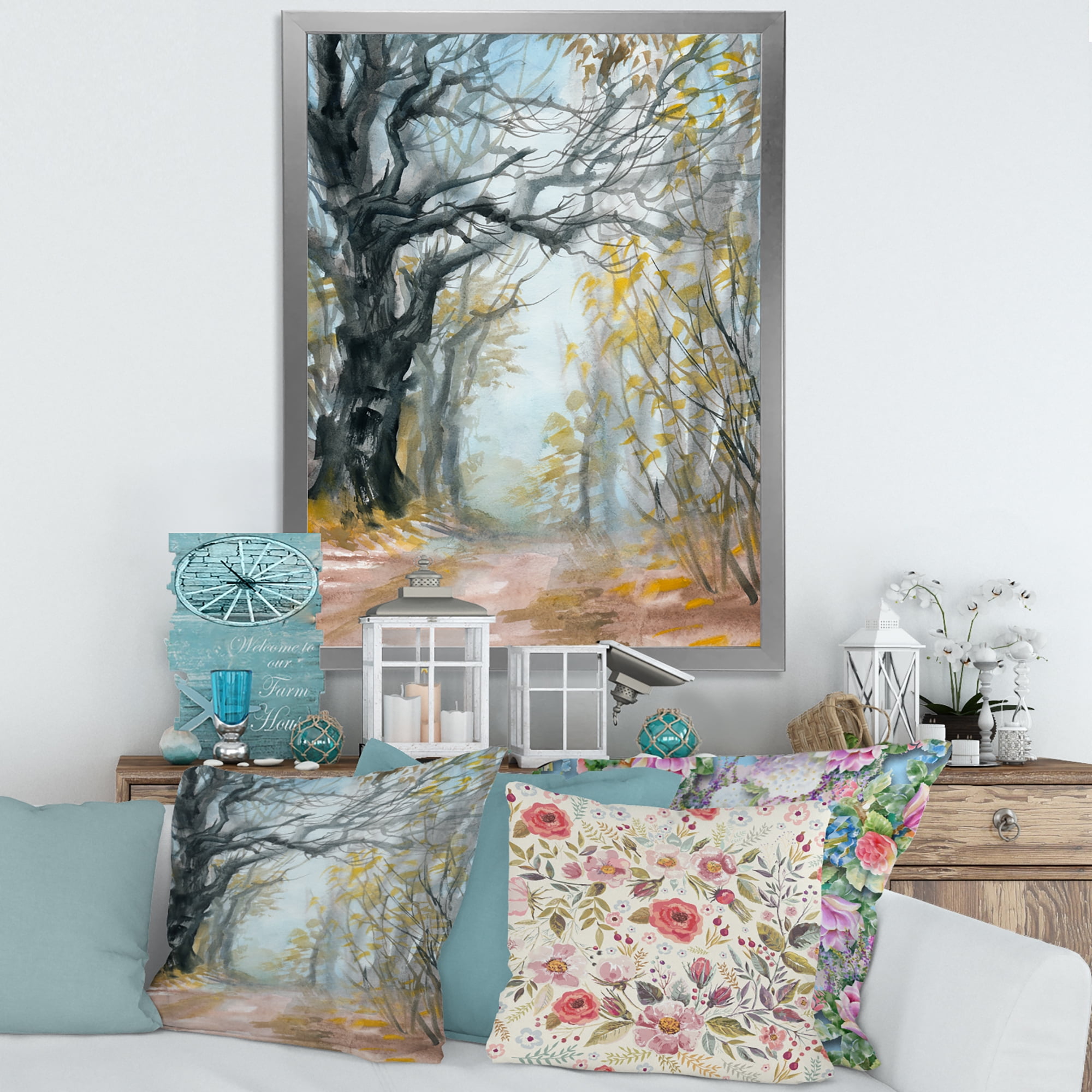 Designart 'Autumn in Misty Forest' Lake House Framed Art Print