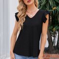thumbnail image 5 of Black Women's V-Neck Ruffled Collar Short Sleeve T-Shirt, Hollowed Out Detail, Breathable Polyester, Perfect for Spring/Summer - Size S, 5 of 8