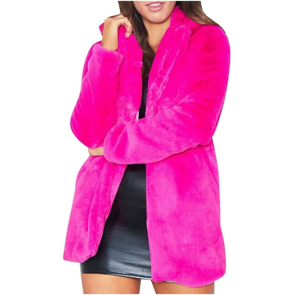 Hfyihgf Womens Winter Warm Fleece Long Cardigan Lapel Long Sleeve Faux Fur Fuzzy Coat Jacket Overcoat(Hot Pink,S)