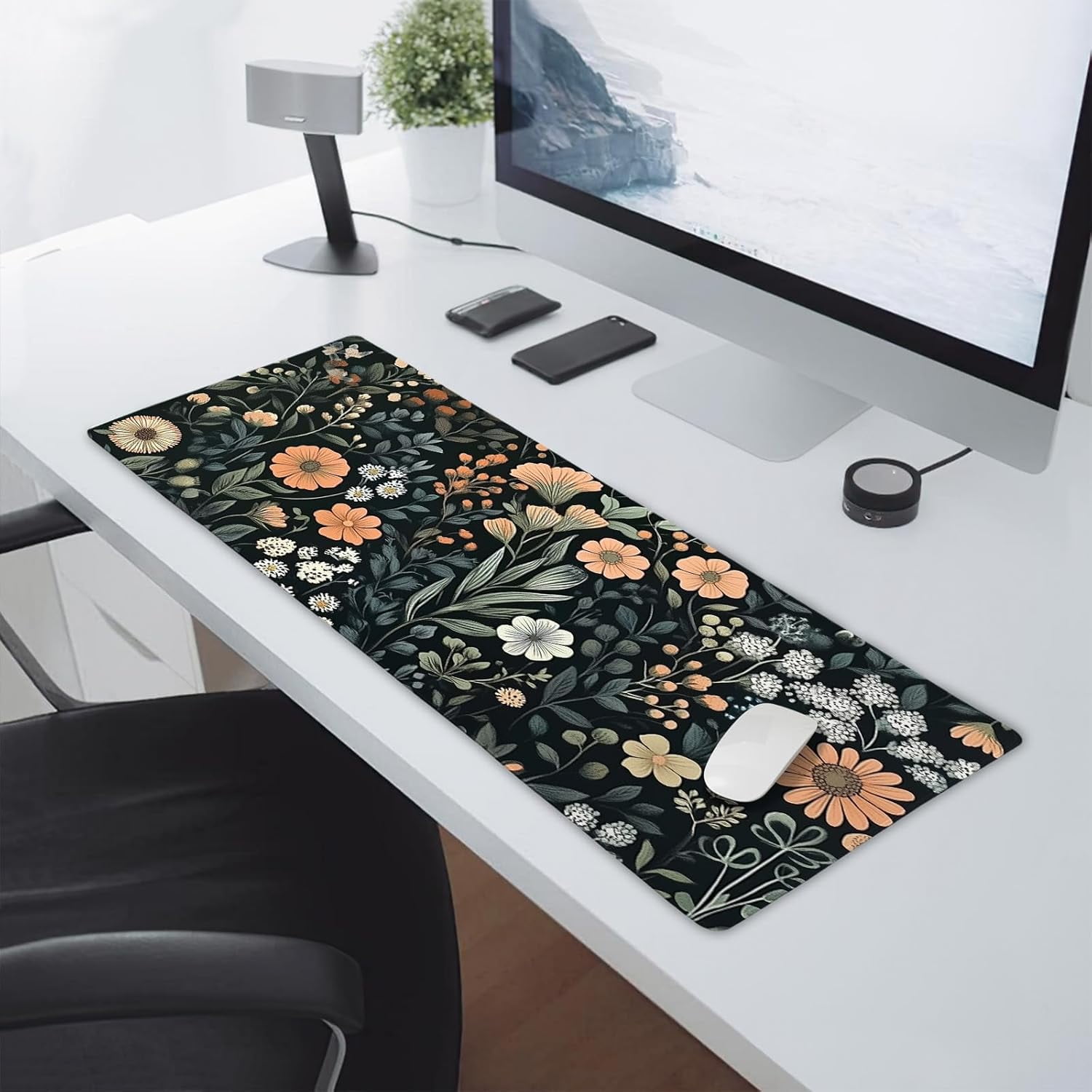 Aesthetic Dark Flower Gaming Mouse Pad XL Floral Plant Botanical Flowers Extended Big Large Desk Mat Non-Slip Rubber Base Stitched Edge Long Keyboard Mousepad for PC Computer Laptop,31.5×11.8 in