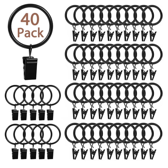 Rongsi 40 Pack Curtain Rings with Clips Hooks, Rustproof Matte Metal Stainless Steel Drapery Rings for Tension Rod Bracket Eyelets Hangers, Fits up to 0.88 in Curtain Rod Black-1" Interior Diameter
