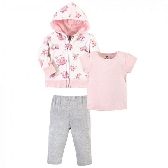 Hudson Baby Infant and Toddler Girl Cotton Hoodie, Bodysuit or Tee Top and Pant Set, Pink Floral Toddler, 2 Toddler