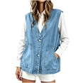 thumbnail image 2 of BXJX Womens Denim Vests, Fashion Button Front V Neck Sleeveless Jeans Waistcoat with Pockets Blue Size S-2XL, 2 of 7