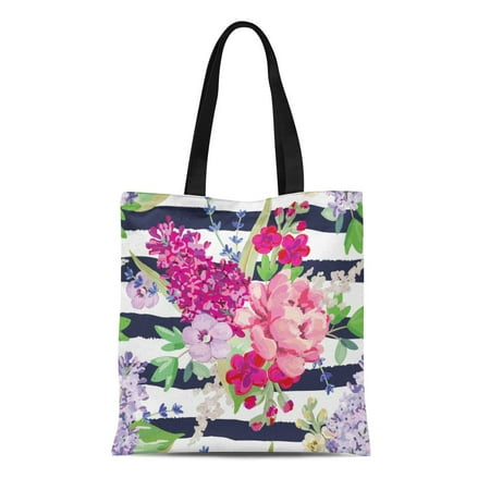 SIDONKU Canvas Tote Bag Bouquets Striped Pink and Purple Flowers Green ...