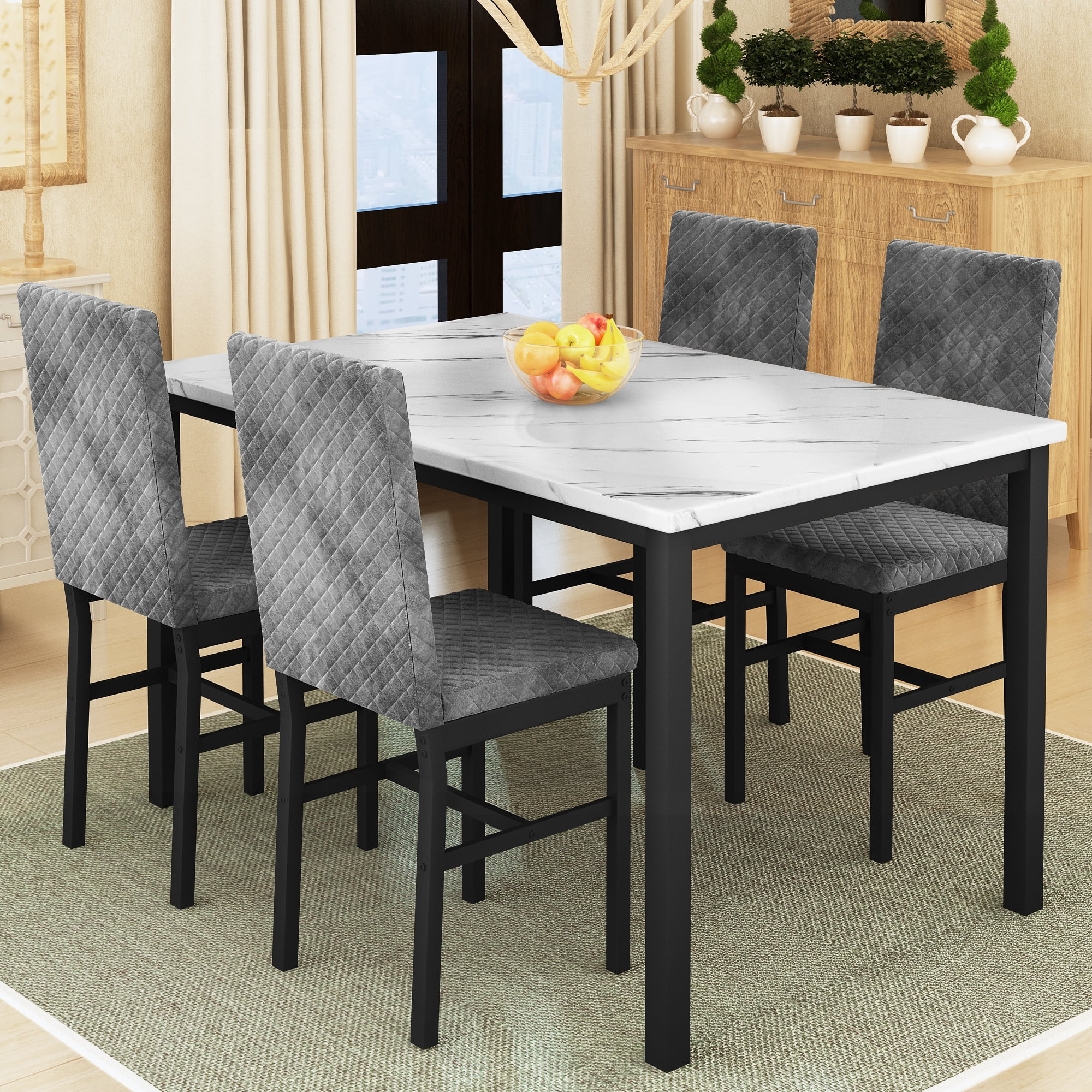Cvortll 5 Piece Dining Table Set, Kitchen Table and Chairs Set for 4 with Faux Marble and 4 Velvet Upholstered Dining Chairs for Home, Restaurant, White & Grey