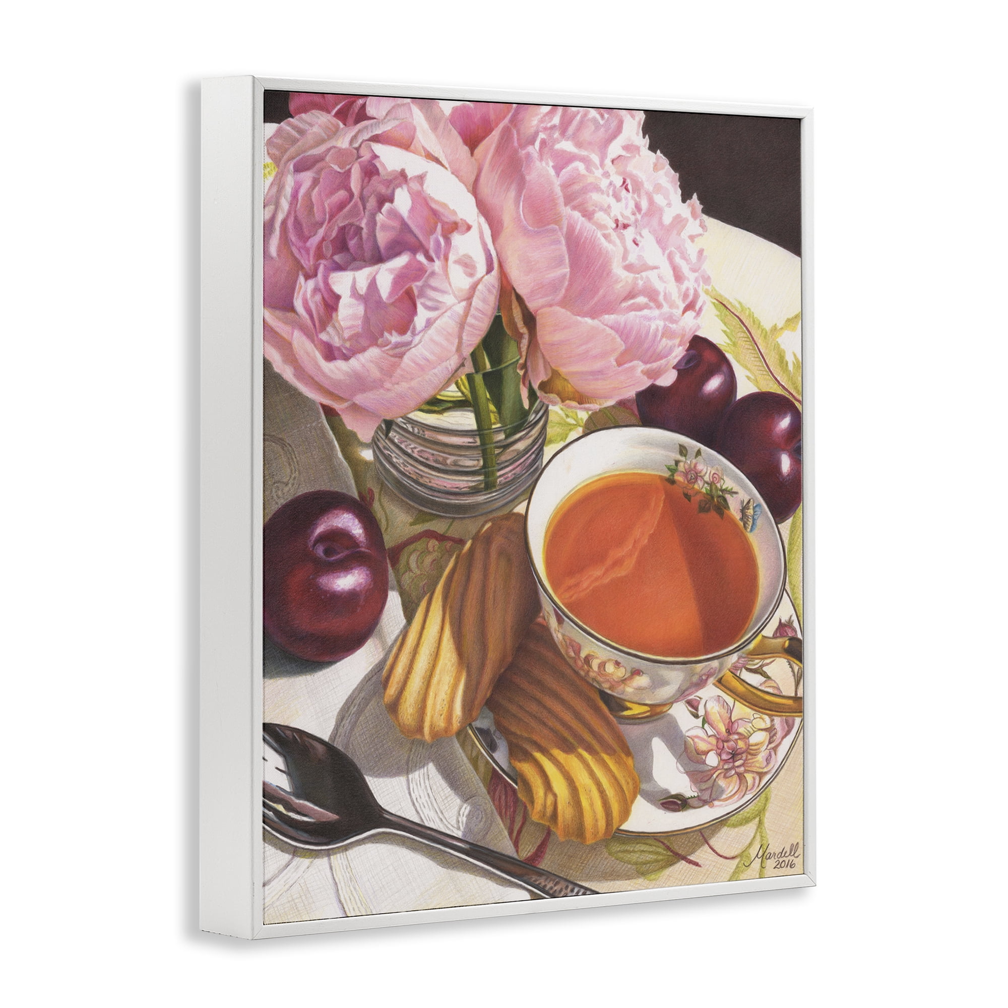 Stupell Industries Tea with Peonies & Plums Food & Beverage Painting White Framed Art Print Wall Art, 11 x 14