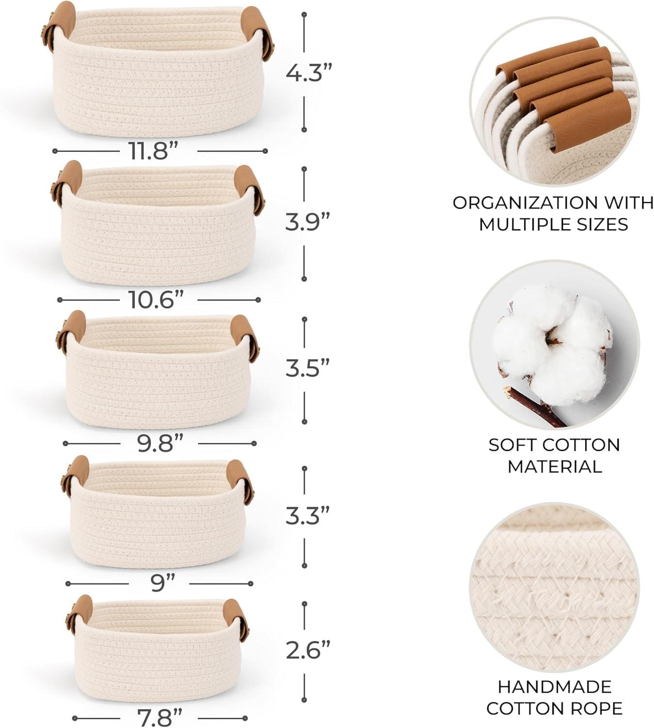 5 Pack Storage Baskets Set , Natural Woven Cotton Rope Organizer Bins for Shelves, Closet, Bathroom , Foldable Home Decor Basket for Bedroom, Living Room , Farmhouse, Modern Style