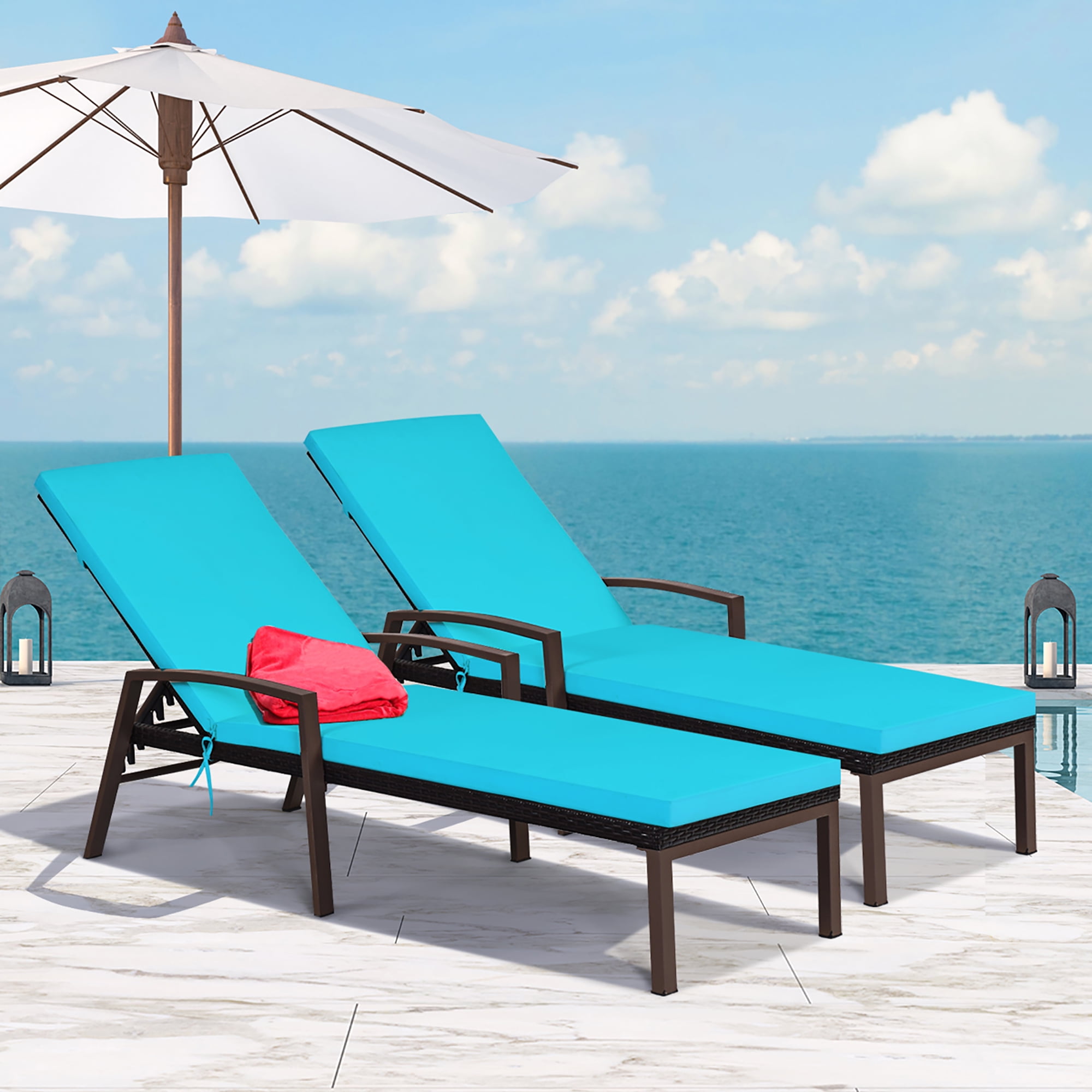 Pool Balcony Furniture Turquoise HTTH 2pcs Rattan Chaise Lounge Outdoor Patio Chairs All-Weather Sun Chaise Lounge Furniture for Backyard