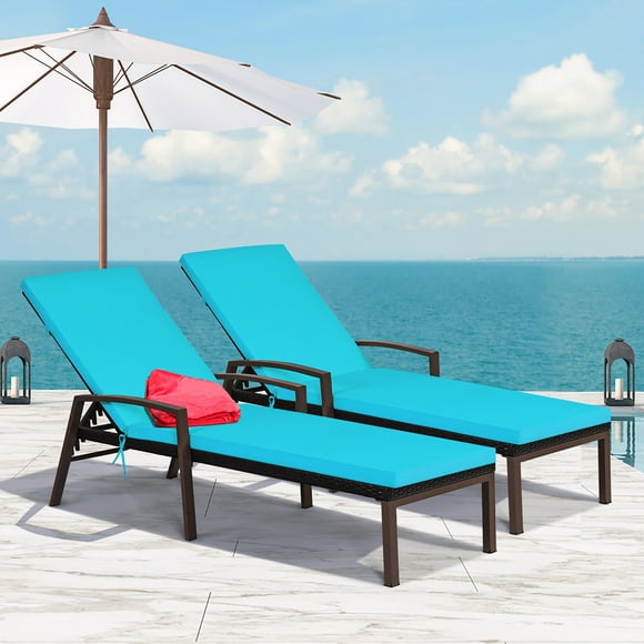 Costway 2PCS Patio Rattan Lounge Chair Chaise Recliner Back Adjustable Cushion Turquoise
