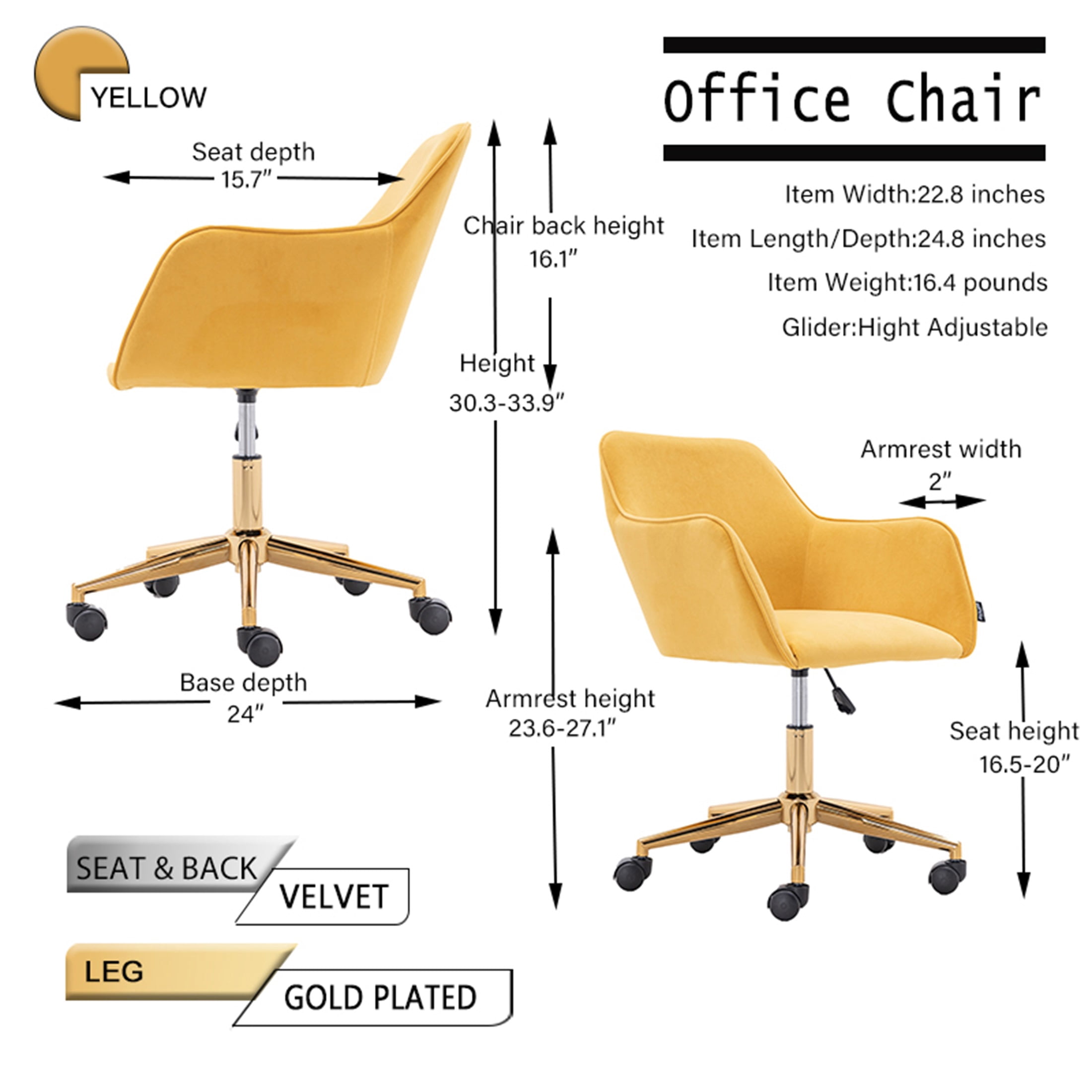 PORKISS Modern Velvet Fabric Office Chair, Height Adjustable 360° Swivel with Gold Metal Legs and Wheels, Yellow