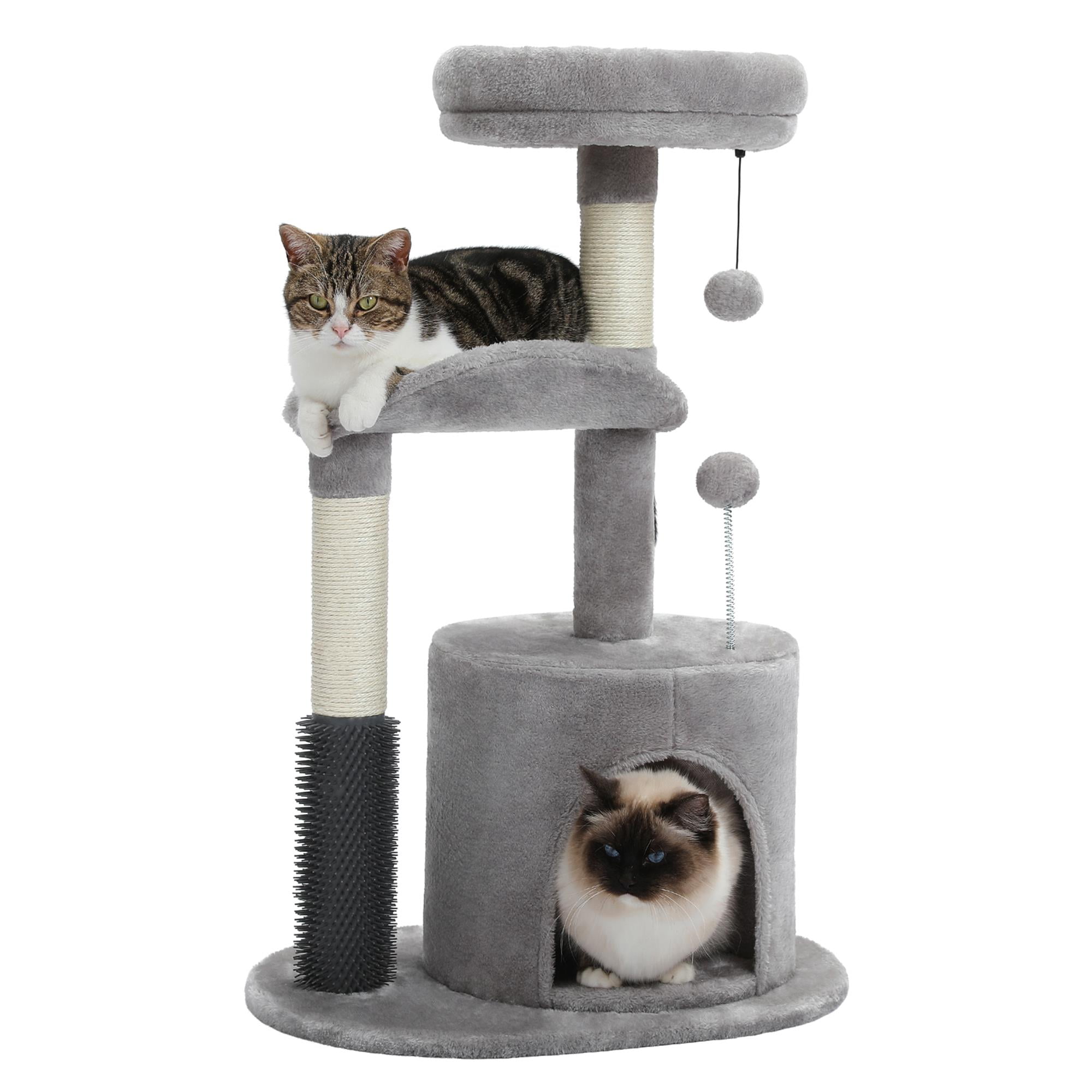 Pefilos 32" Cat Tree Indoor with Self Groomer Brush, Sisal Scratching Post, Dangling Ball, Wood Cat Condo Tower for Small, Medium Cats, Gray Pefilos 32" Cat Tree Indoor with Self Groomer Brush, Sisal Scratching Post, Dangling Ball, Wood Cat Condo Tower for Small, Medium Cats, Gray