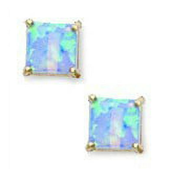 14k Yellow Gold Pale Blue 4x4mm Square Simulated Opal Earrings