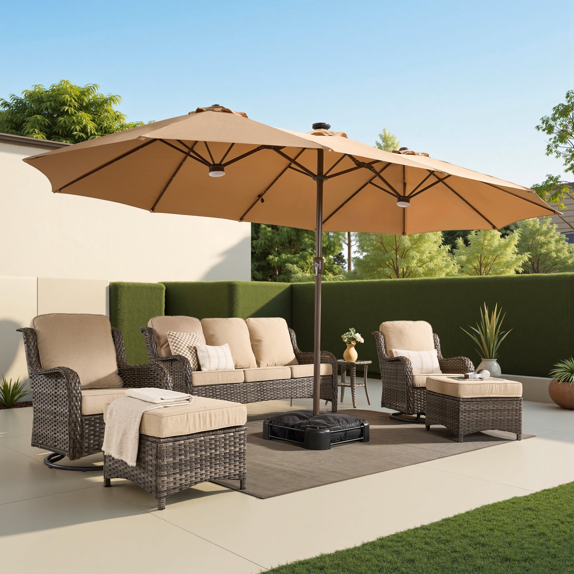 Vcatnet 15ft Large Patio Umbrella with Solar Lights Outdoor Double-Sided Rectangle Market Umbrella with Crank Handle and Base, Khaki