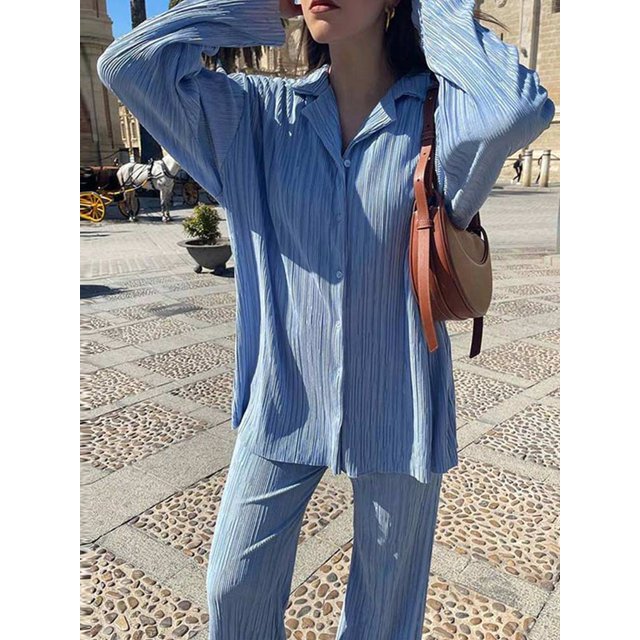 Camisa informal para mujer, conjunto de dos piezas plisado, pantalones de pierna ancha de cintura alta sueltos verdes, traje 2023, trajes elegantes de oficina para mujer Tan Jianjun unisex