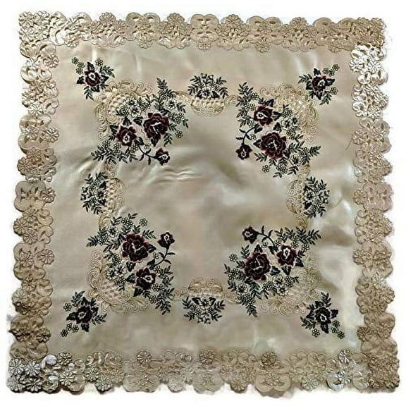 Doily Boutique Tablecloth or Table Topper Square with a Red Burgundy Rose on Ivory Fabric, Size 34 inches