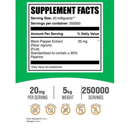BulkSupplements Black Pepper Extract Powder - 20mg per Serving - 5 Kilograms (11 lbs) - 250000 Servings