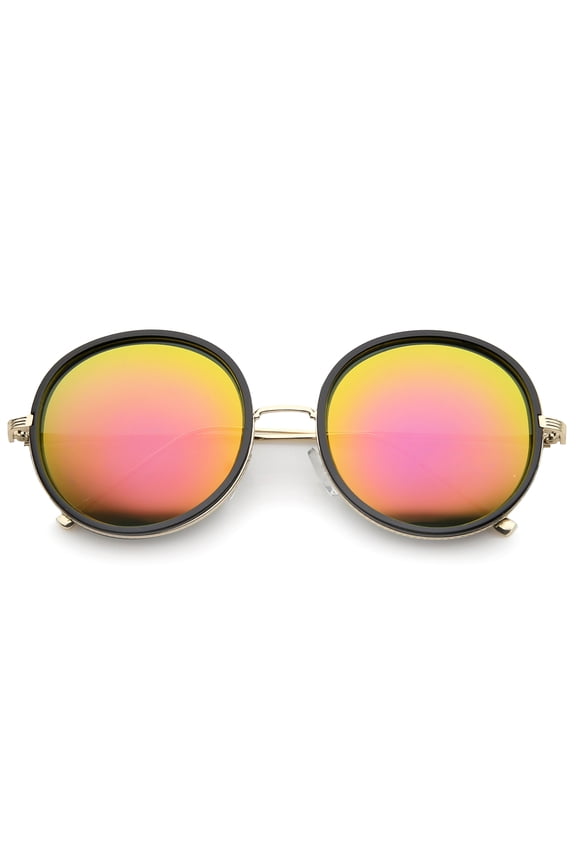 sunglassLA Unisex Retro Metal Temple Color Mirror Lens Oversize Round Sunglasses (Black-Gold / Magenta Orange Mirror) - 53mm