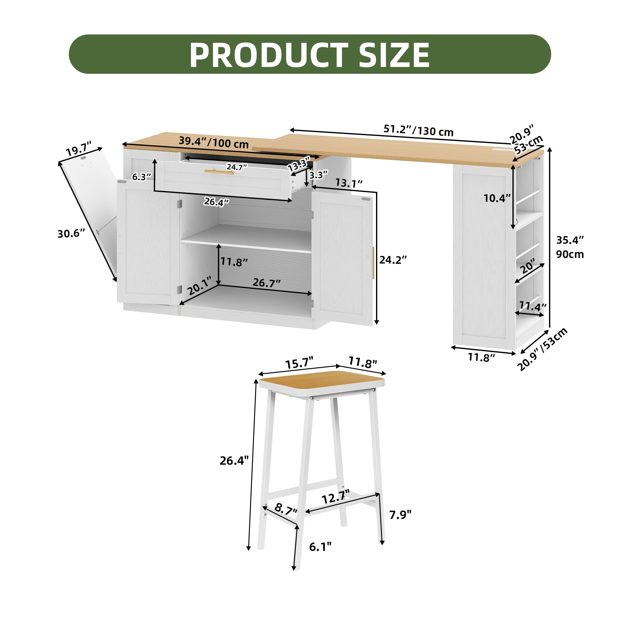 Uforic Extendable Kitchen Island with Power Outlets & 2 Stools, Kitchen Island Cart with Trash Storage Compartment, White