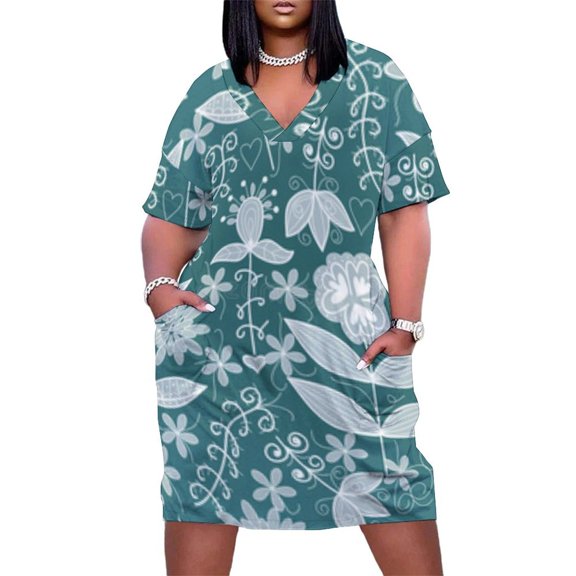 Teal Floral Seamless Pattern Design Summer Sundress for Curve Women Casual Pattern Plus Size V Neck Short Sleeve Loose Fit Oversize Dresses