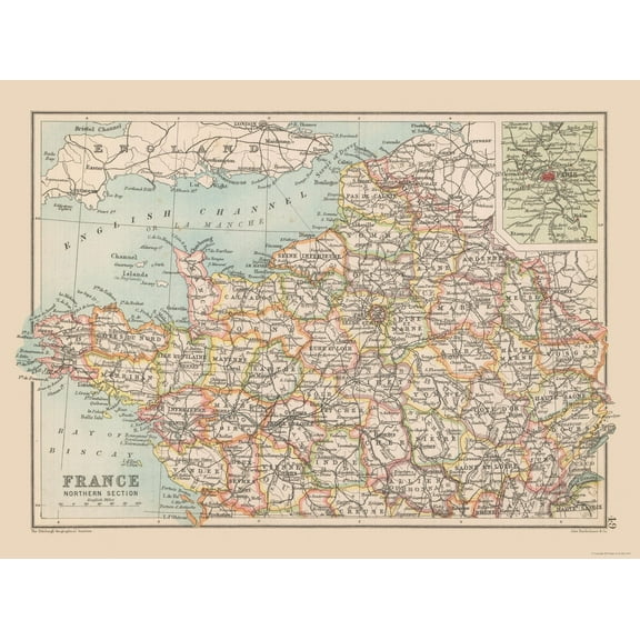 Historic Map - France Northern - Bartholomew 1892 - 30.72 x 23 - Vintage Wall Art