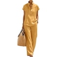 thumbnail image 2 of Two Piece Sets for Women Short Sleeve Henley Shirt Wide Leg Pants Set Button Down Lounge Matching Sets for Vacation, 2 of 4