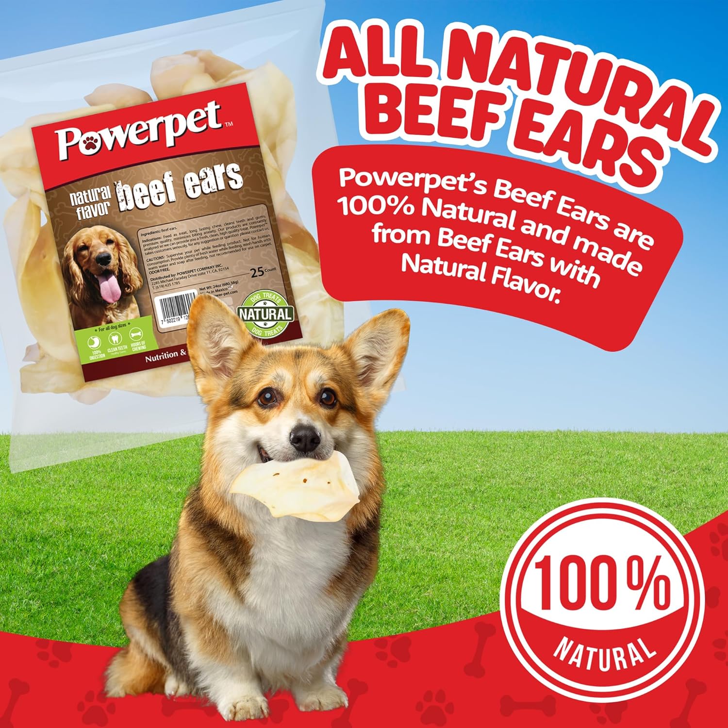 Powerpet Beef Ears, Dental Treats for Dogs - High Protein, Low Fat - 25 Pieces Bag