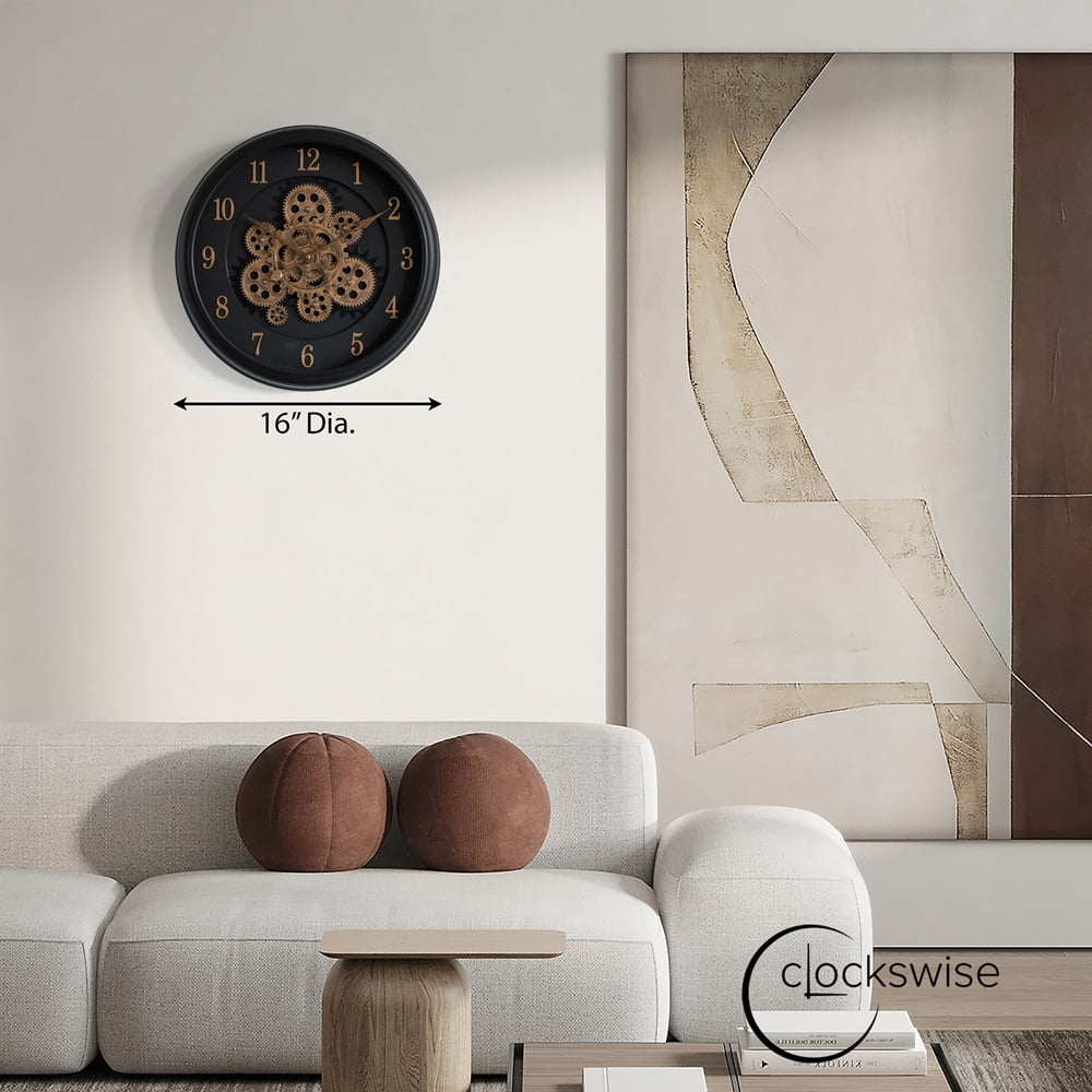 Clockswise 16'' Industrial Exposed Rotating Gear Wall Clock Steampunk Aesthetic with Vintage-Inspired Design Rustic Accents & Mechanical Charm Perfect for Living Room Bedroom Office or Entryway Décor