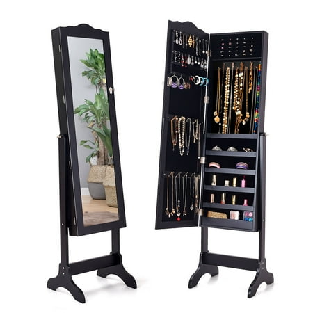 Costway Lockable Mirrored Jewelry Cabinet Armoire Mirror Organizer Storage Box w/ Stand