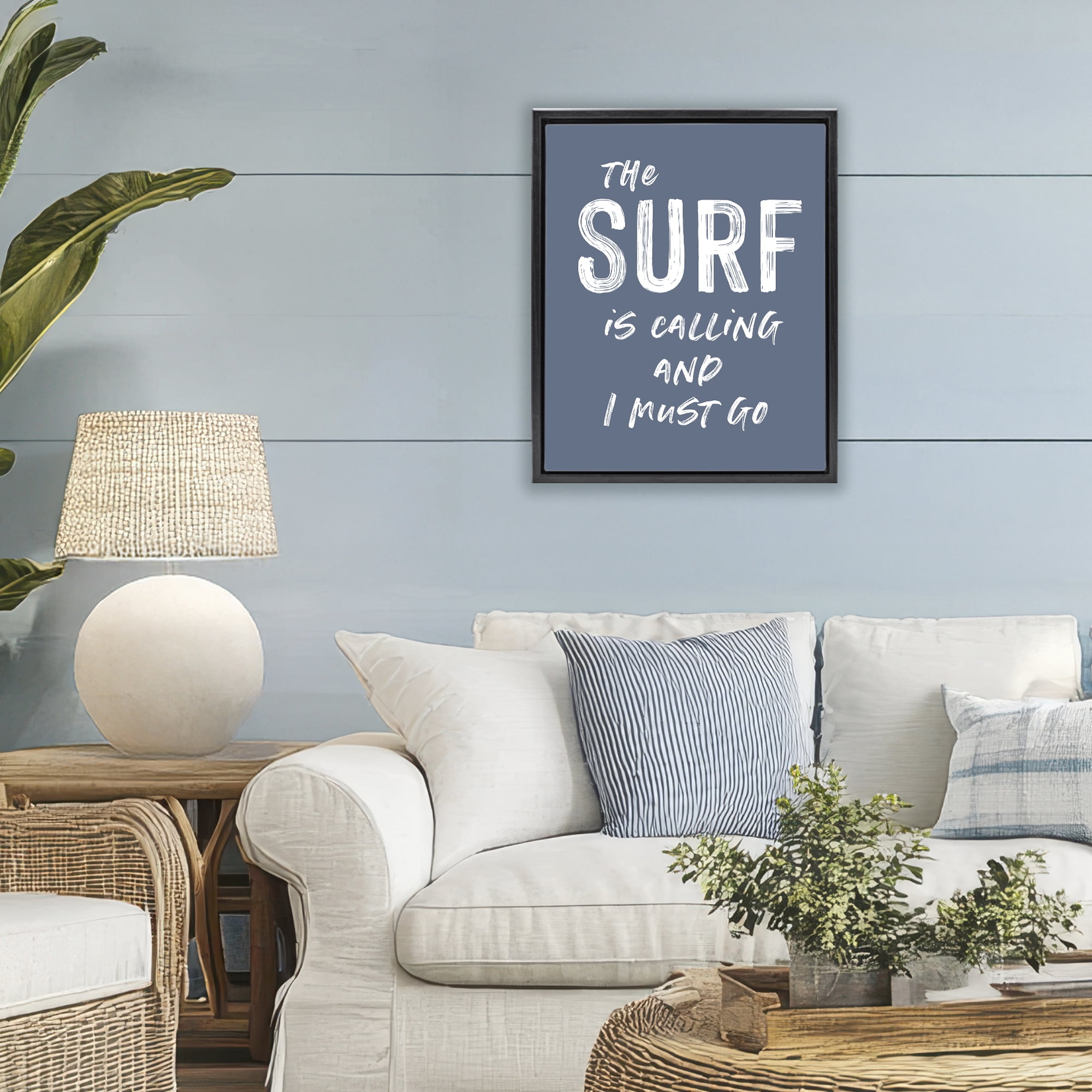 Surf Is Calling Must Go Black Framed Floater Canvas Wall Art, design by Lettered and Lined