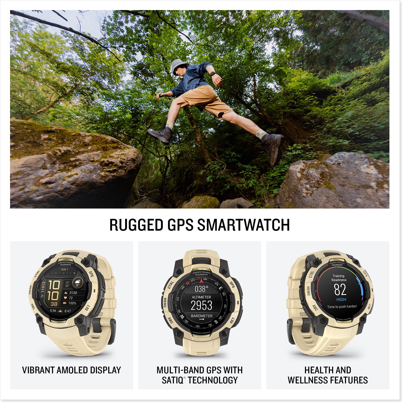 Garmin Instinct 3 - 45 mm, AMOLED Display, 18 Day Battery, Rugged Outdoor GPS Smartwatch, Built-in Flashlight, Alpine Rush Collection Limited Edition Color, Citrine with Citrine Band Bundle