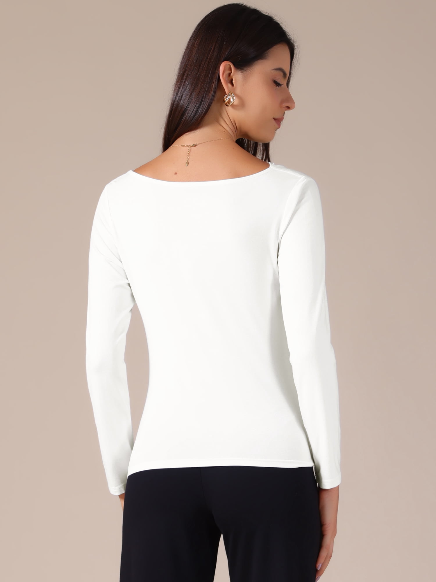 DARING DIVA Women's Cowl Neck Long Sleeves Fitted Layering Soft T-Shirt L White