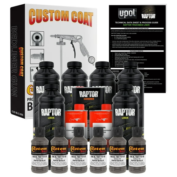 U-POL Raptor Pewter Metallic Urethane Spray-On Truck Bed Liner Kit w/ FREE Custom Coat Spray Gun w/ Regulator, 6 Liters