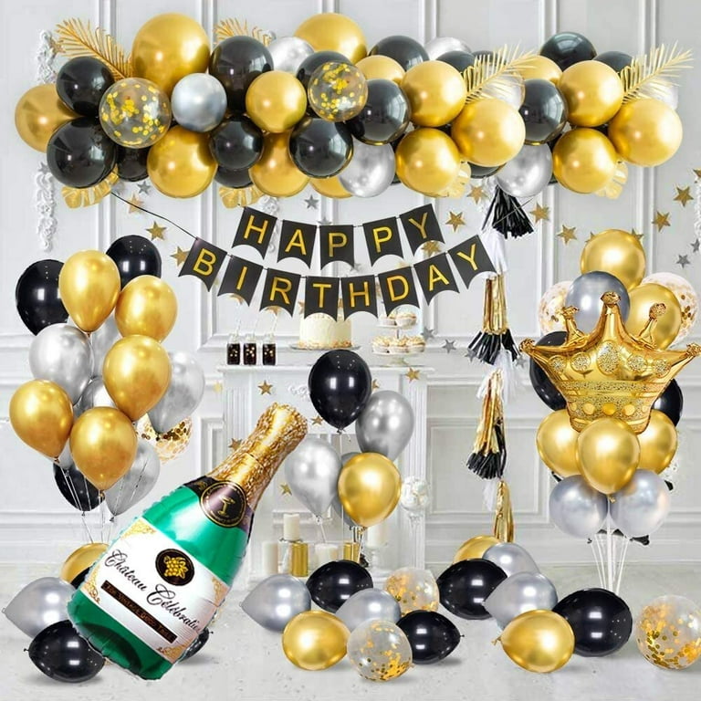 GEEKEO Luxury Birthday Party Decorations with Happy Birthday Banner, Black  Gold Silver Confetti Balloons Decoration, Crown Beer Foil Balloons for 18th