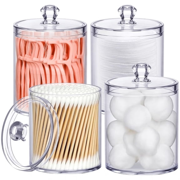 4 Pack Qtip Holder for Bathroom Organizers and Storage,Apothecary Jars with Lids for Home Decor Accessories,Q tip Dispenser Vanity Makeup Canister for Cotton Swab,Ball,Floss,Hair Clips