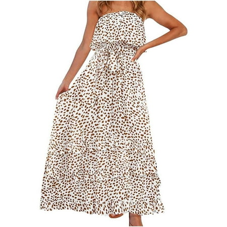 USSUMA Sleeveless Off Shoulder Maxi Summer Dresses for Women 2022 Strapless Bandeau Slit Floral Sundresses for Women Beach Ruffle Tiered Flowy Long Plus Size Women's Dresses Wedding Guest