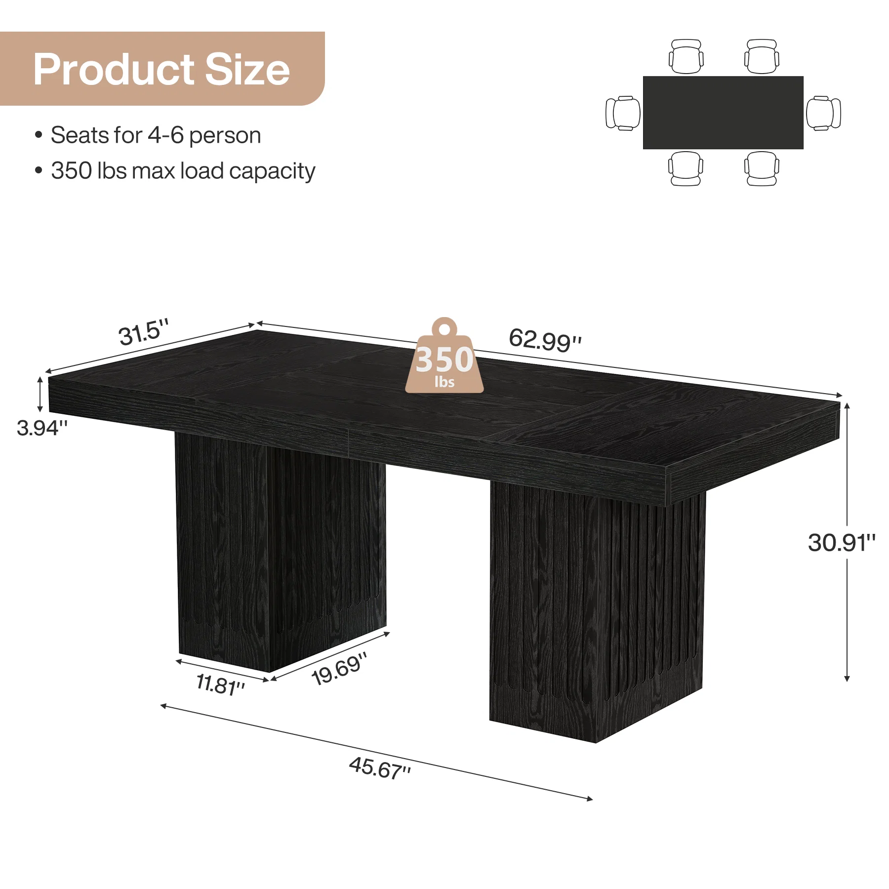 Hommoo 63 Inch Rectangular Dining Table for 4-6 People, Double Pedestal Kitchen Table with Scratch-Resistant, Modern Fluted Legs, Easy Assembly, Black