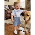 thumbnail image 4 of BemeyourBBs 2Pcs Newborn Baby Boy Baptism Day Gentleman Outfit Summer Clothes Lapel Neck Short Sleeve Button Down Bowtie Shirt Romper and Suspender Shorts Set, 4 of 9