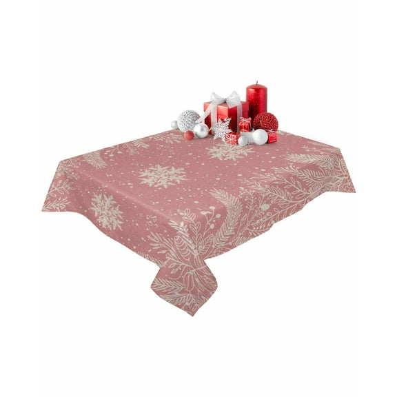 Rectangle Tablecloth 52 x 70 Inches Winter Christmas Snowflakes Leaves Pink Linen Waterproof & Stain Resistance Table Cloth Decorative Fabric Table Cover for Dinning/Party/Buffet/Banquet
