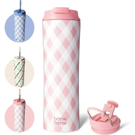 Insulated Water Bottle Travel Tumbler w/ Dual-use Lid, Pink, 24oz