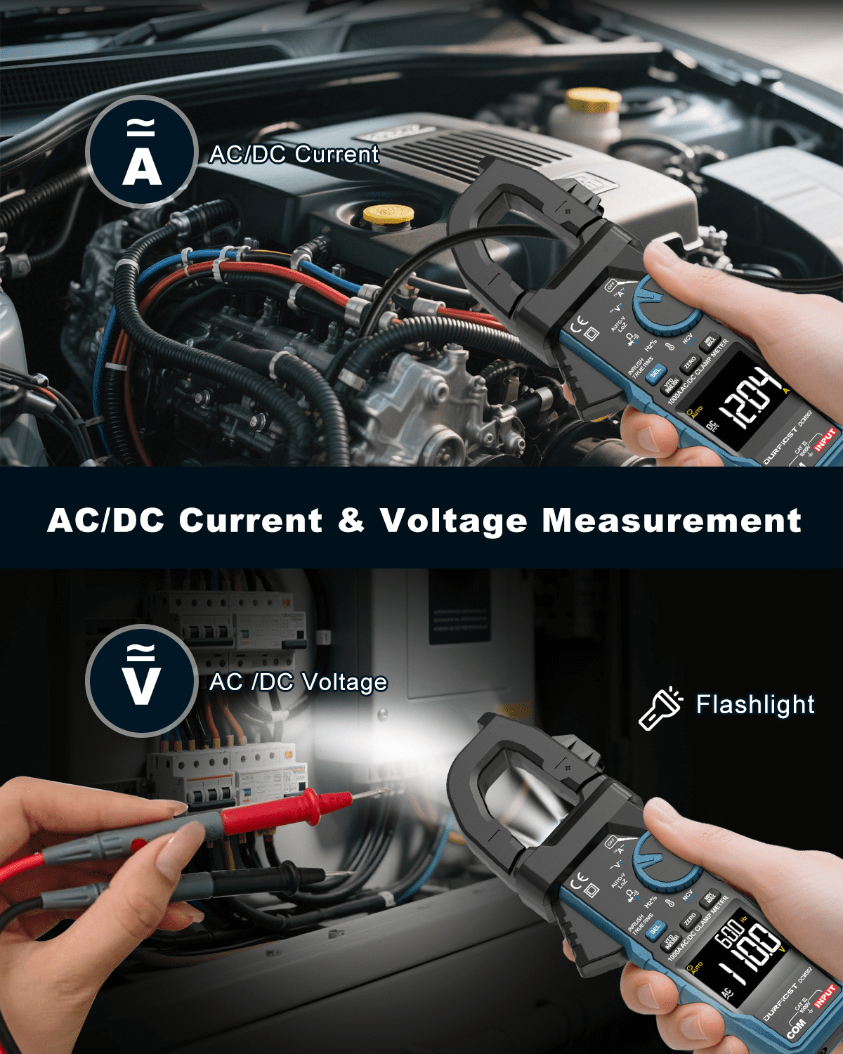 Clamp Meter DURFICST Digital Inrush Clamp Multimeter AC/DC 1000A 6000 Counts Amp Voltage Tester with VFD, LOZ Mode,Measures AC/DC Current Voltage NCV Temperature Resistance Capacitance Frequency