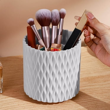 Plastic Makeup Brush Holder for Desk, Round Cosmetics Brushes Organizer with 5 Compartment, Storage Cup for Lipsticks, Hair Accessories, Beauty Tool in Vanity, Bathroom, Dresser, White