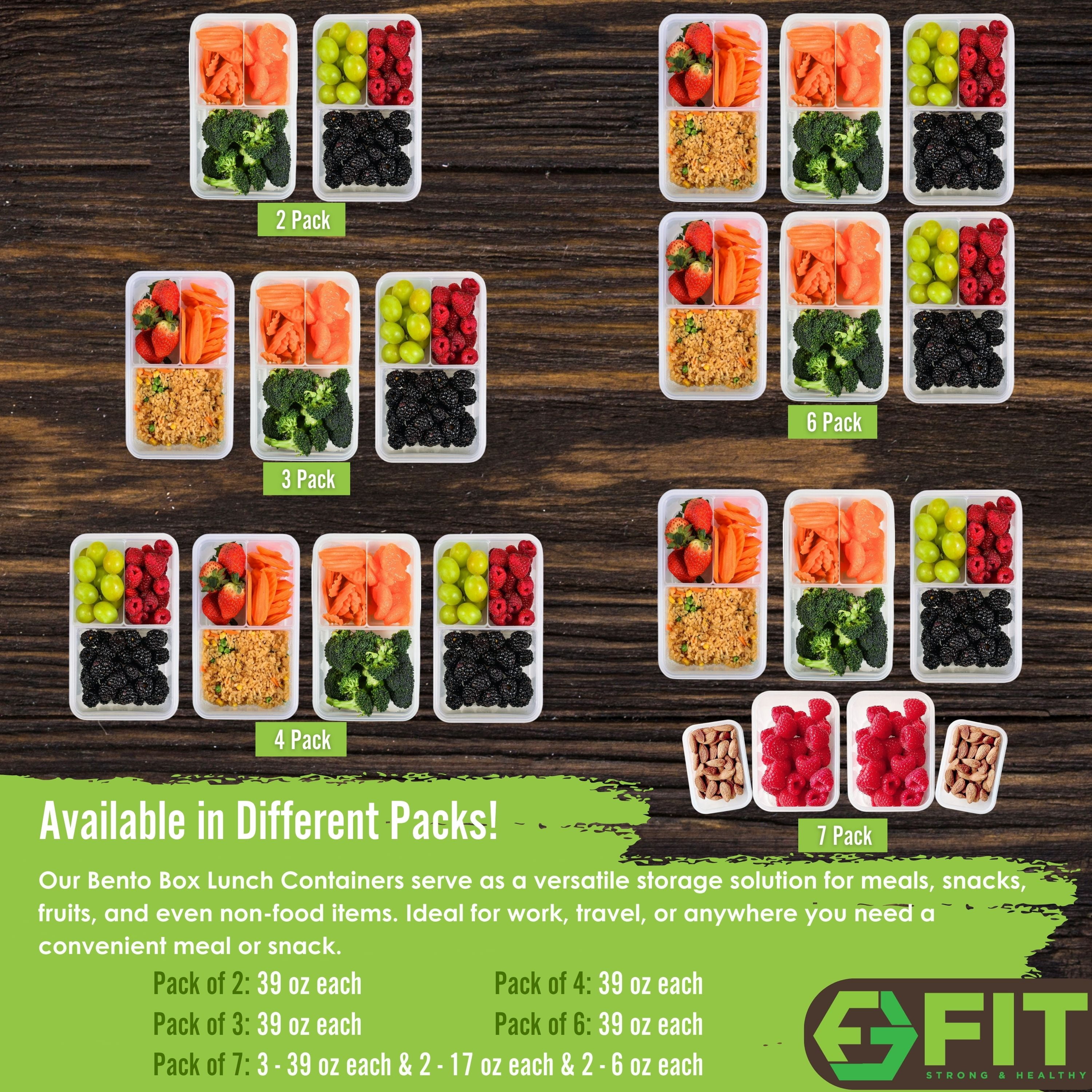 Bento Box Adult Lunch Box and Stackable Snack Containers Set (7 Pack: 3 x 39oz + 2 x 17oz + 2 x 6oz) - Bento Lunch Box for Kids, Bento Boxes for Adults, Small Food Containers with lids, Plastic