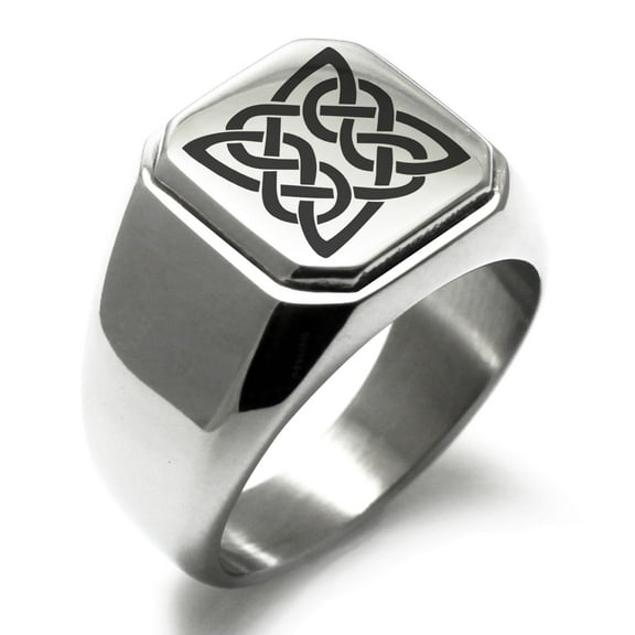 Stainless Steel Celtic Quaternary Eternity Knot Engraved Square Flat Top Biker Style Polished Signet Ring