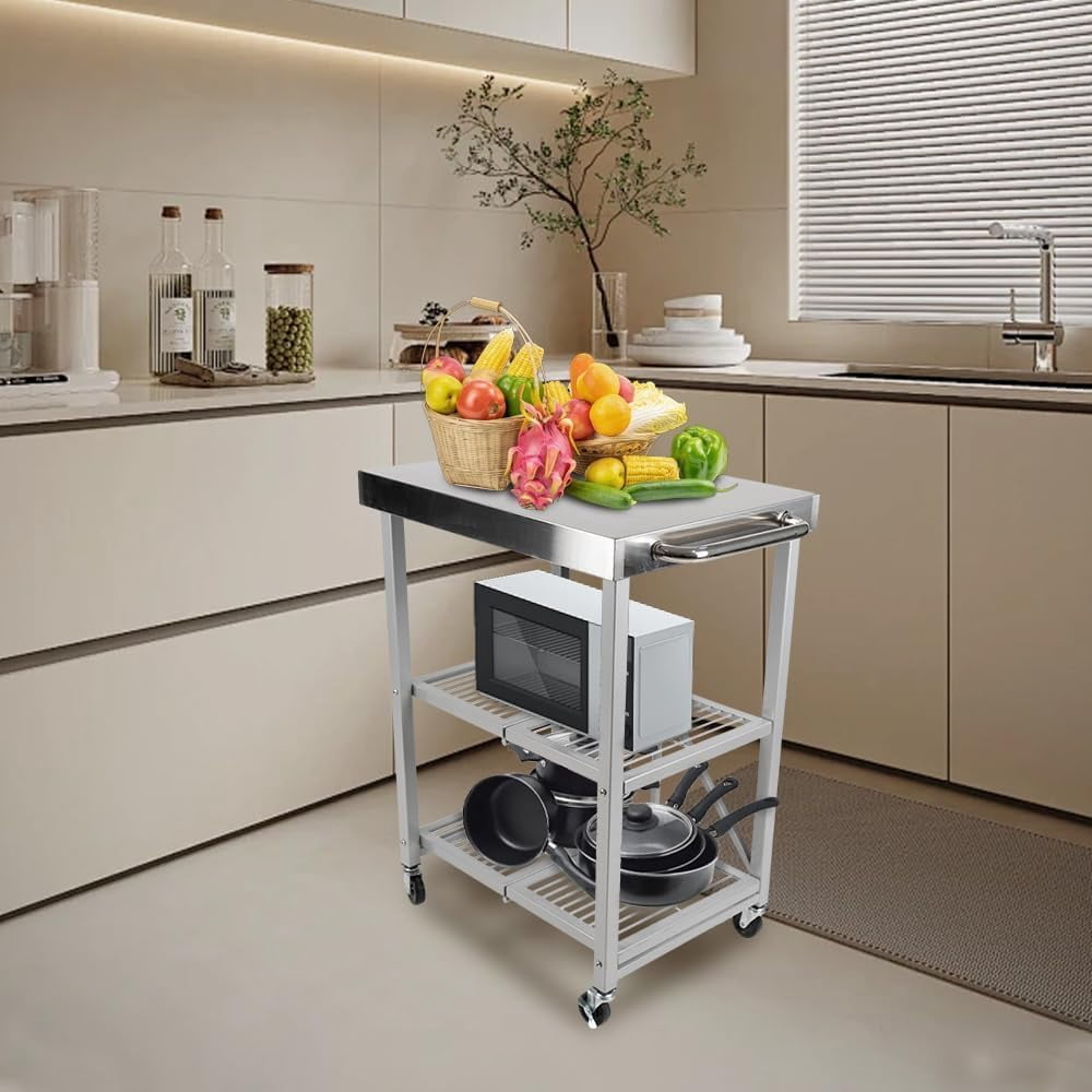 Stainless Steel Utility Cart with Wheels, 3 Tier Foldable Rolling Service Cart, Top Work Table Food Prep Table Kitchen Island for Restaurant, Dining Room, Hotel