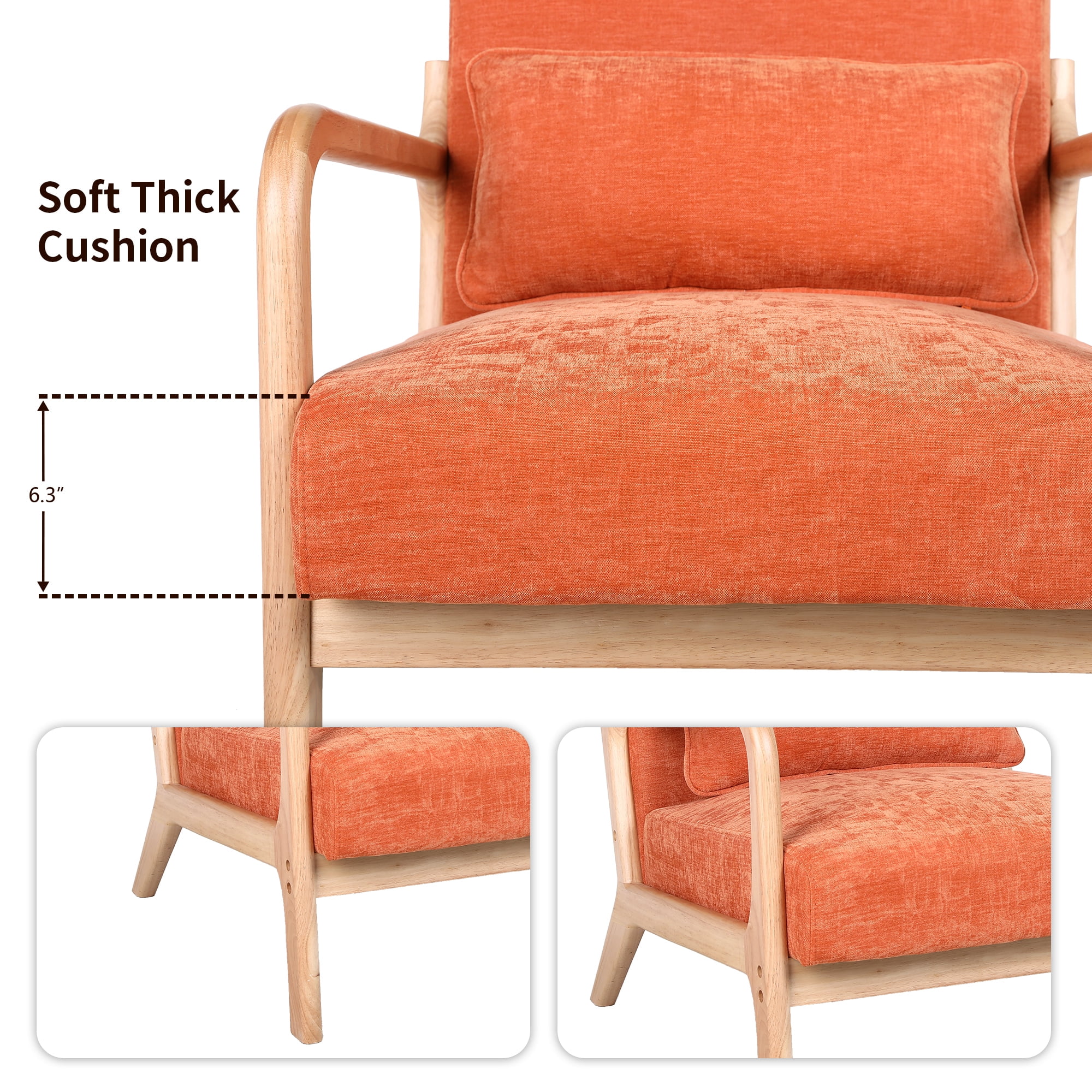 Jopath Accent Chair,Mid Century Modern Armchair with Solid Wood Frame and Detachable Lumbar Pillow for Living Room,Bedroom,Office(Orange)
